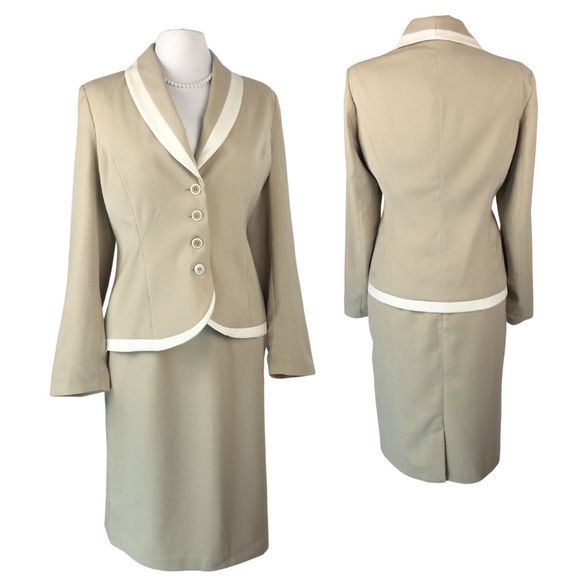 Metro Style Dresses & Skirts - Metro Style Ladies 2 Piece Tan/White Shawl Collar Pencil Skirt Set size 12